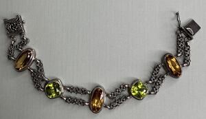 Vintage Sterling Silver Citrine Peridot Gemstone Double Chain Bracelet